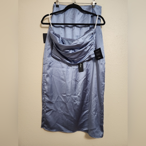 Lulus Demure Sweetie Slate Blue Satin Strapless Two-Piece Midi Dress M Wedding - Picture 5 of 10